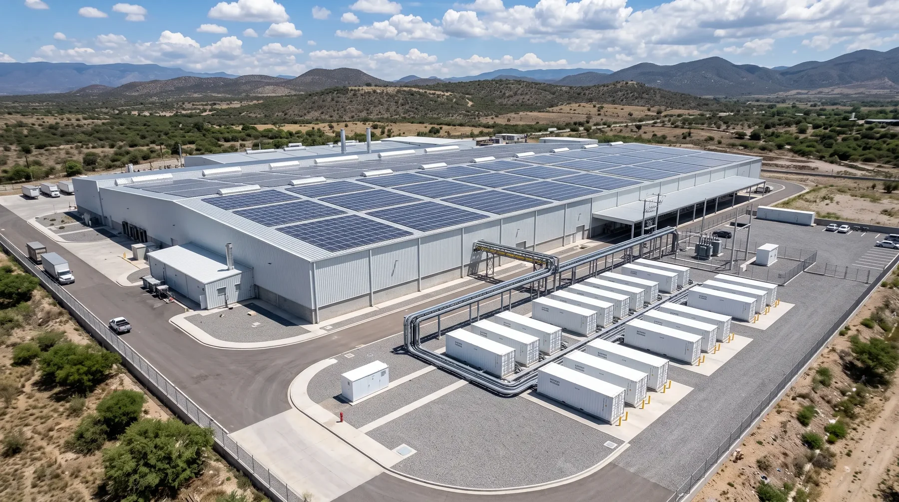 Planta industrial con paneles solares y banco de baterías
