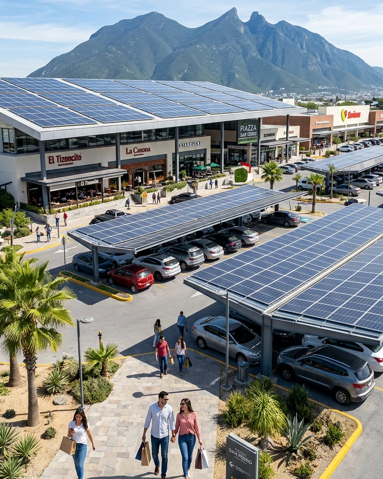 Plaza comercial con carports solares en el estacionamiento